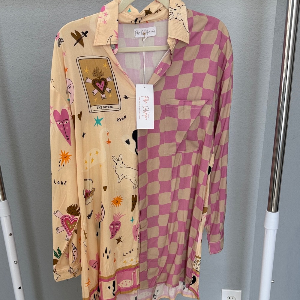 NWT Colorful Button-Up Shirt Dress with Heart and Check Patterns